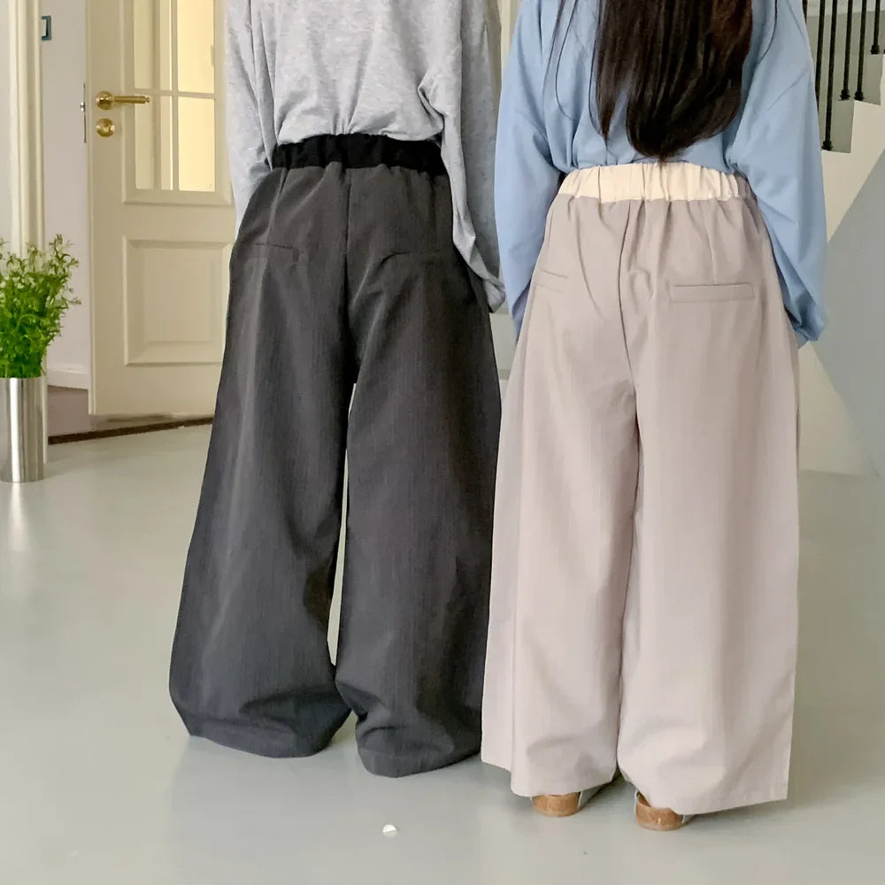 MQTIME - Korean 2024 Toddler Boy Pant Solid Elastic Waist Spliced Baby Girl Straight Pant Loose Casual Drawstring Kid Girl Wide Leg Pants