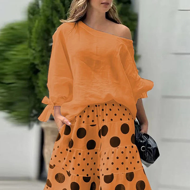 MQTIME - Fashion High Street Outfits Casual Diagonal Neck Hollow Top with Wide Leg Pants Sets Summer Loose Polka Dot Printed Women Suit