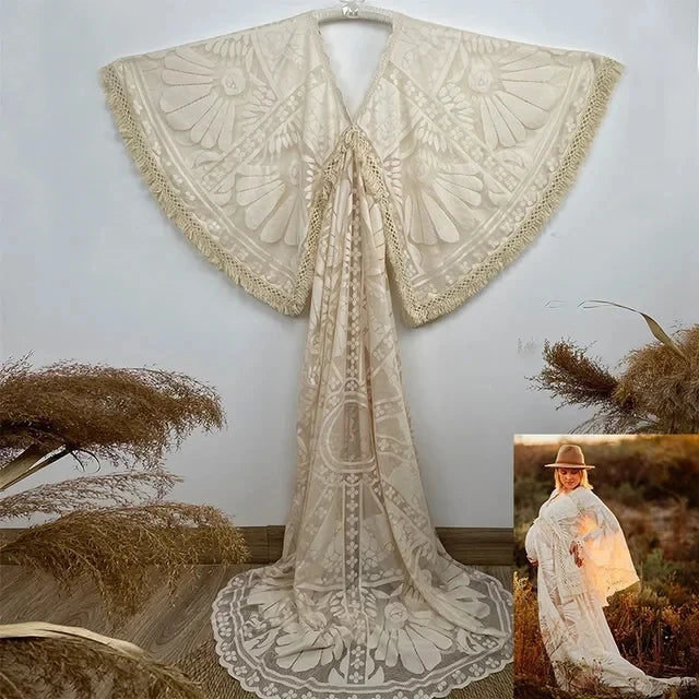 MQTIME - Bohemian Maternity Photography Dress Lace Party Gown Vintage Boho Pregnancy Robe Photo Shoot Prop Clothes