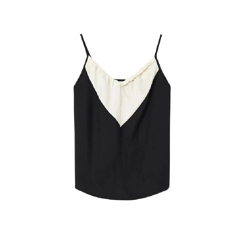 MQTIME - Elegant Satin Crop Top Women Black White Contrast Patchwork Backless Camis Office Lady V-neck Casual Halter Tops Summer