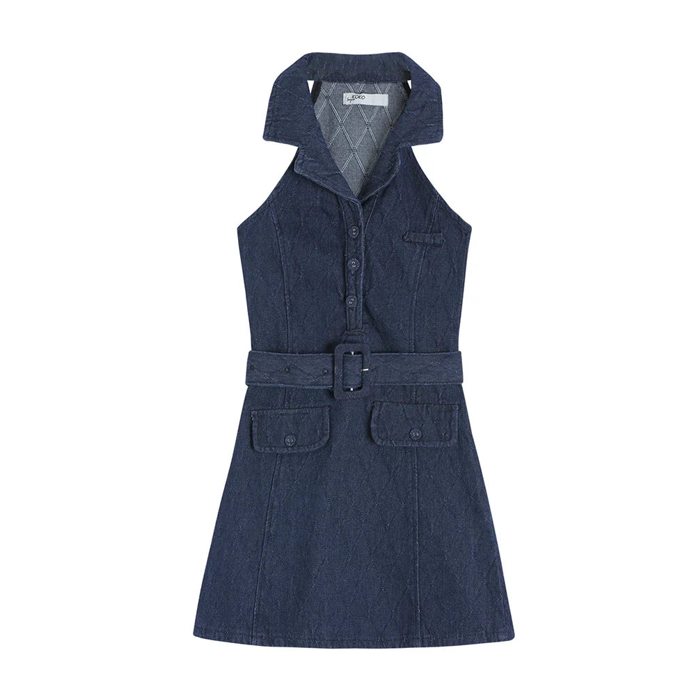 nvxiot - Summer Retro Blue Turn-down Collar Off Shoulder Button Denim Mini Dress Women Sleeveless High Waist A-line Jeans Short Dress New