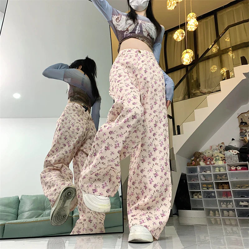nvxiot - 2024 Spring/Summer floral loose fitting high waisted slimming straight leg wide leg pants for women's casual floor mopping pants