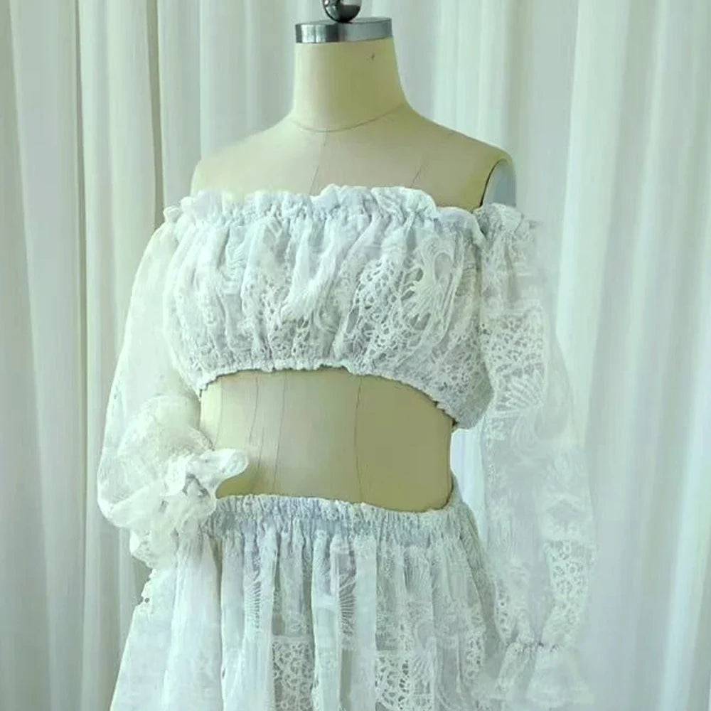 nvxiot - Fall Outfits 2024 Maternity Photography Dresses White Hollow Lace One Shoulder Long Sleeved Two-Piece Dress Bohemian Photography Dress For Women