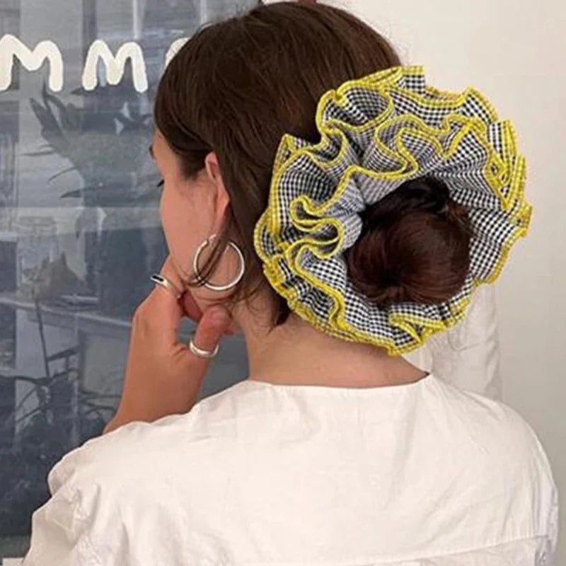 nvxiot - Lace Large Intestine Hair Scrunchies Women Double Layer Plaid Cotton Elastic Headwear Fashion Styling Sweet Hair Accessories