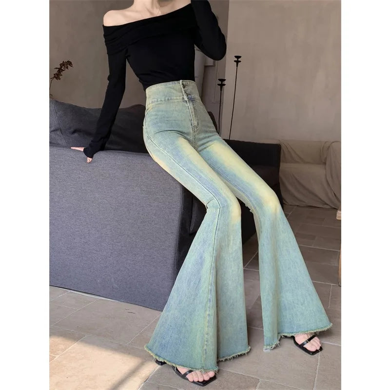 nvxiot Y2K Streetwear Distressed Bleached Casual Jeans Women 2024 Spring New High Waist Sexy Slim Washed Denim Wide Leg Pants