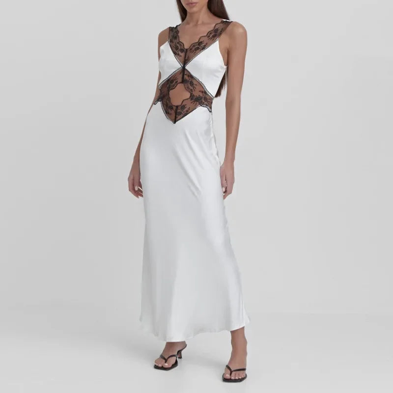 MQTIME - Hollow Lace Long Dress Women Patchwork Backless High Waist Sleeveless Dresses Party Fashion Evening Elegant Dress Femme