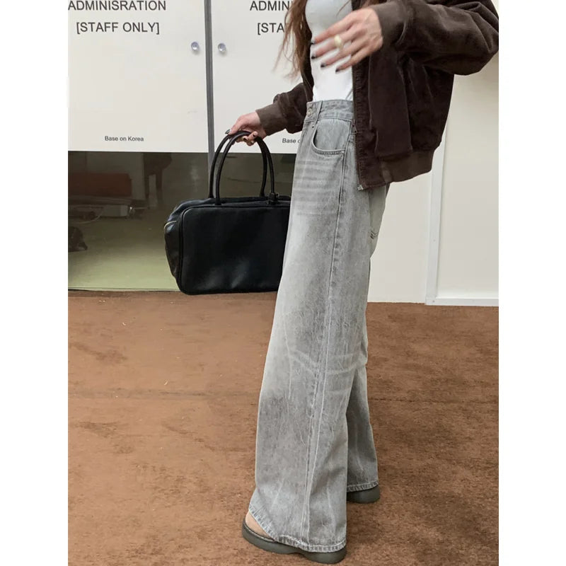 nvxiot - Summer Grey Womens Jeans High Waist Baggy Casual Vintage Y2K Trend Straight Cargo Pants Street American Wide Leg Denim Trouser