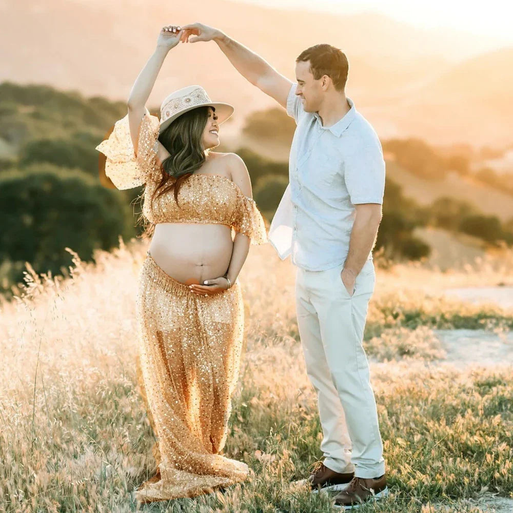 nvxiot - Pregnant Women Photography Dress Transparent Mesh Studded Pearl Sequin Two-Piece Set Maternity Photography Props Dress