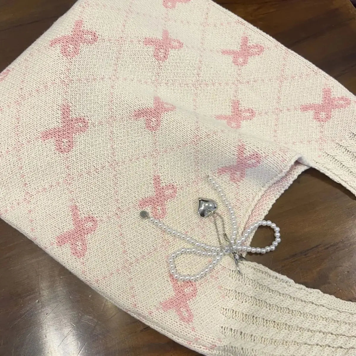 nvxiot - Harajuku Bow Knitted Bag Women Fairycore Aesthetic Large Capacity Casual Tote Bag Female Vintage Y2k Handbag Purse Chic