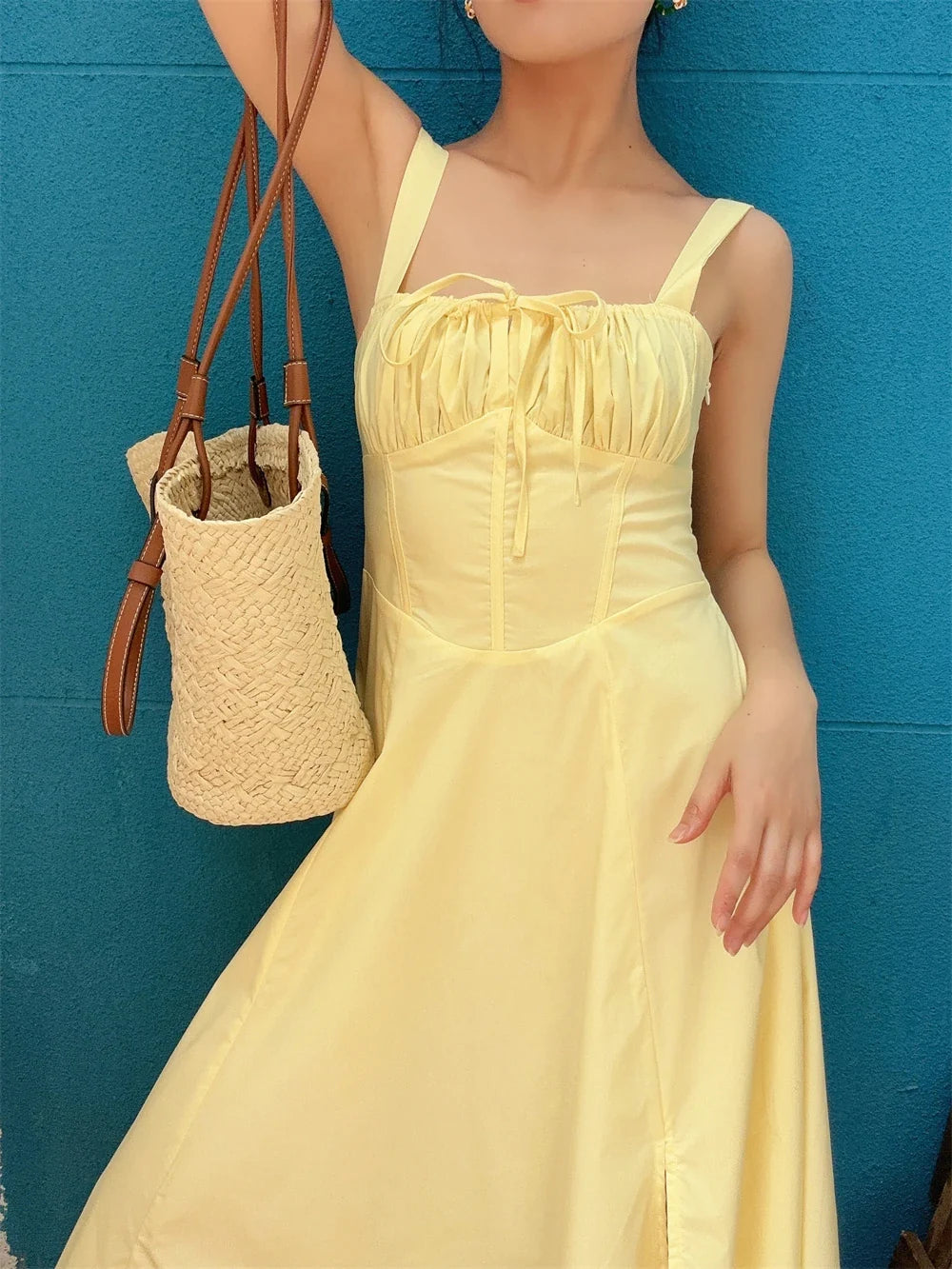 MQTIME - French Vintage Strap Birthday Party Dress High Split Lace-up Summer Off Shoulder A-line Sleeveless Prom Robe Solid Vestido Mujer
