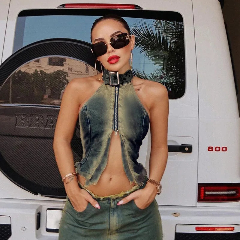 nvxiot - Women Fashion Vintage Denim Tank Crop Tops Front Zipper Split Belt Halter Backless Tassel Jeans Vests Casual Y2k Streetwear