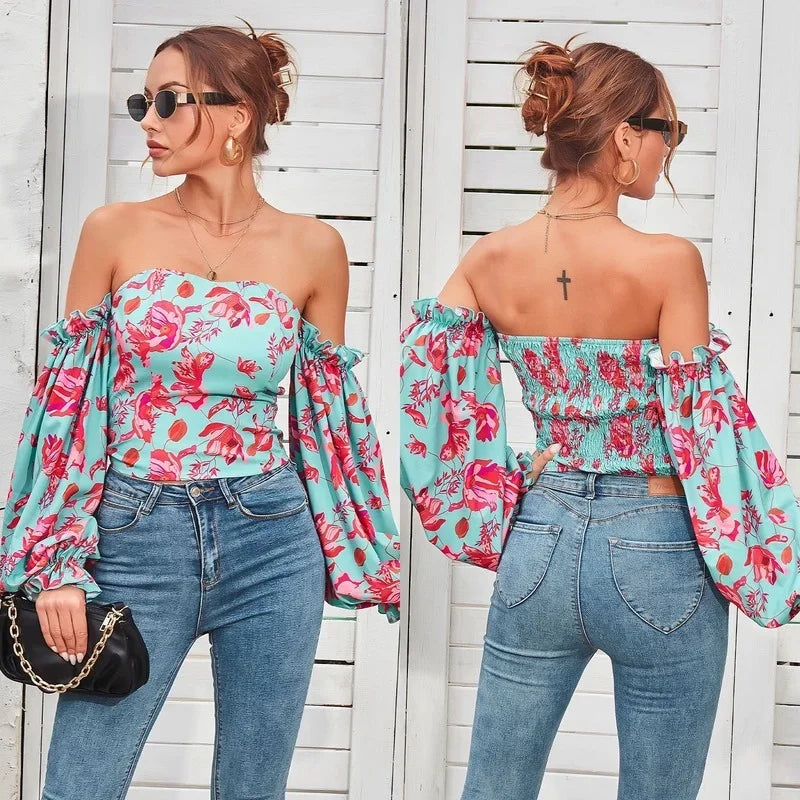 MQTIME - Women's sexy printed one-shoulder autumn new long-sleeved temperament self-cultivation puff sleeve casual top women