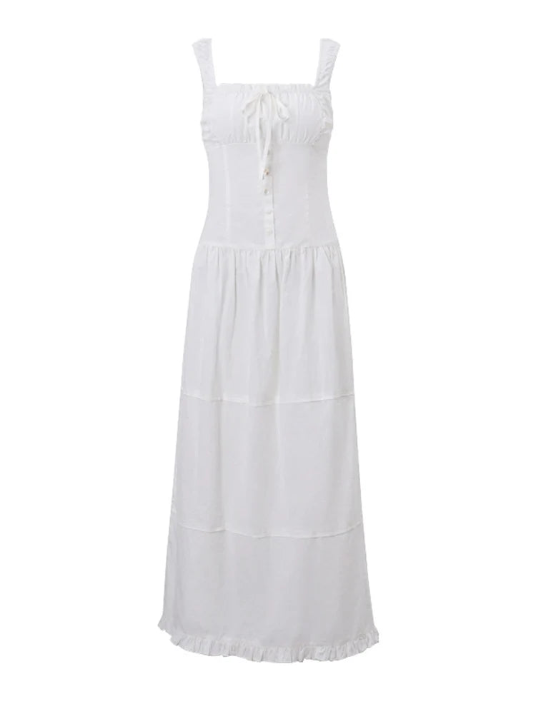 nvxiot White Spaghetti Strap Dress for Women Elegant High Waisted Lace Up Slim Dresses Female Pleated Chic Square Collar Long Vestidos