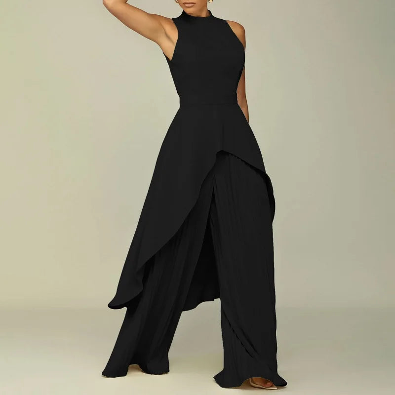 nvxiot Women Solid Color Irregular Top And Pleated Trousers Two Piece Set Vintage Streetwear Female Pleated Wide Leg Pants Fashion Suit