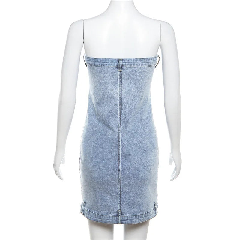 nvxiot - Zipper Button Fly Strapless Jeans Dress Women Sexy Wrap Chest Sleeveless Backless Slim Denim Mini Casual Dresses Clubwear Outfit