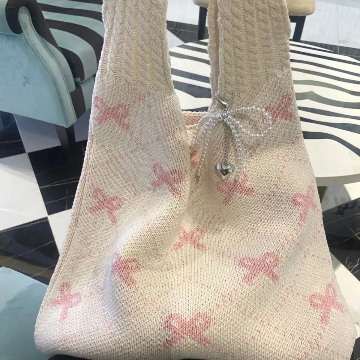 nvxiot - Harajuku Bow Knitted Bag Women Fairycore Aesthetic Large Capacity Casual Tote Bag Female Vintage Y2k Handbag Purse Chic