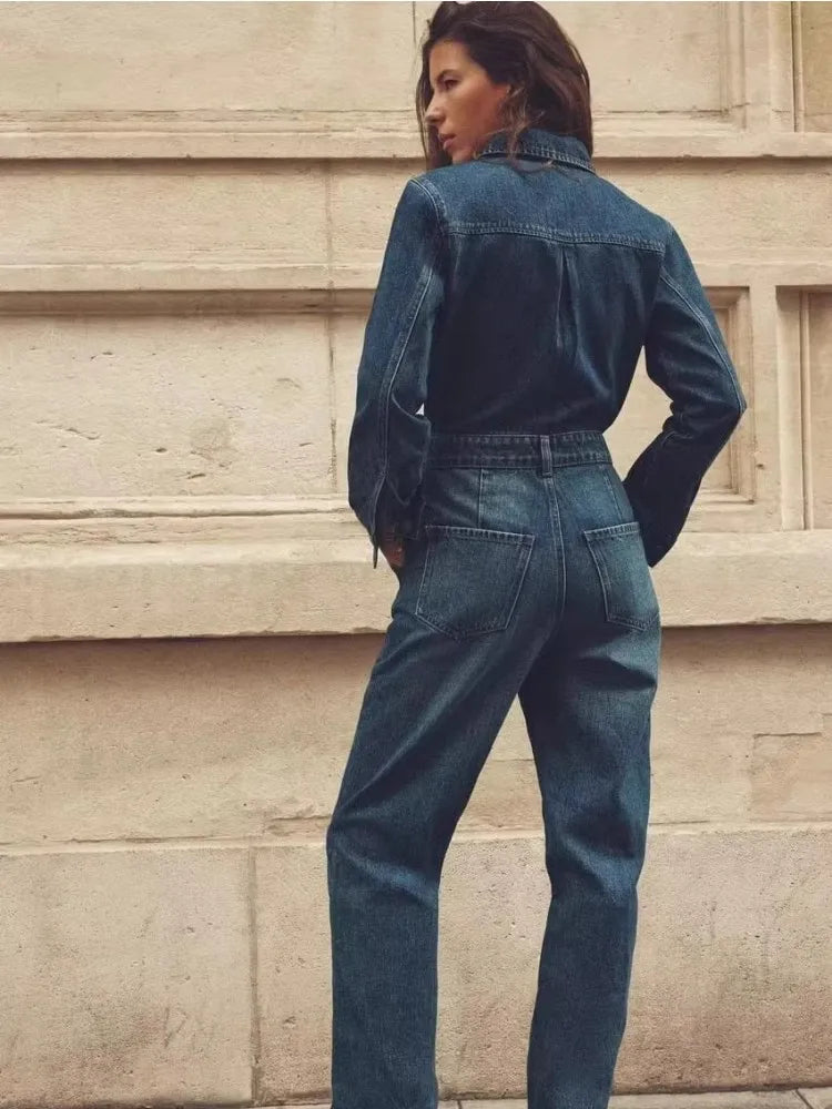 MQTIME - Blue Lapel Long Sleeved Jumpsuit For Women With A Stylish Front Pocket Embellishment, Straight Leg Long Denim Jumpsuit