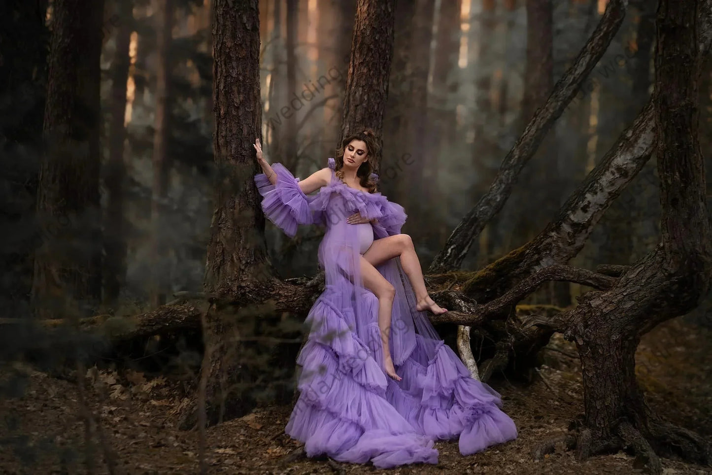 nvxiot - Purple Maternity Dress For Woman O Neckline Off Shoulder Pregnant Woman Gowns Front Slit Tiered Ruffles Baby Shower