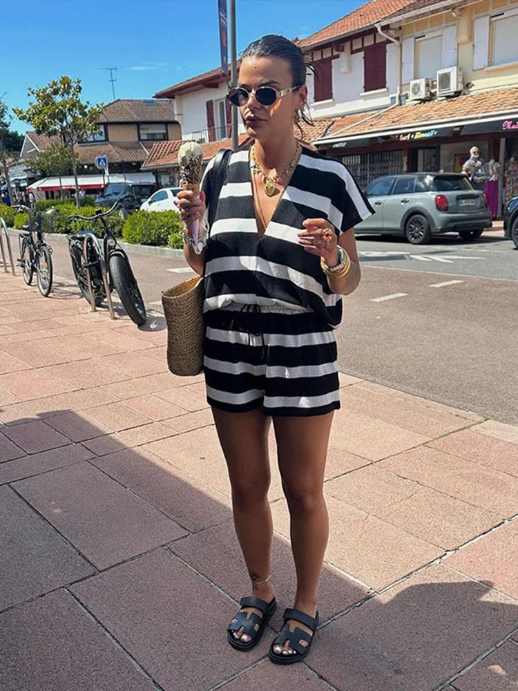 MQTIME - Casual Striped Women Short Suits V-neck Loose T-shirt Lace Up High Waist Mini Shorts 2024 Summer New Chic Female Two Pieces Sets
