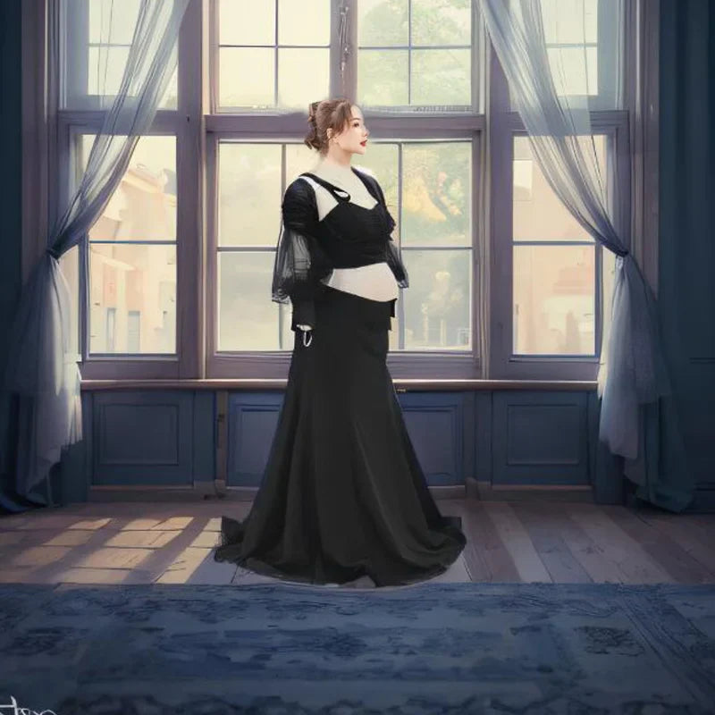 nvxiot - Sexy Black Tulle Pregnant Women Tops For Photography Charm Sweetheart Puff Sleeves Maternity Mini Mesh Female Blouse
