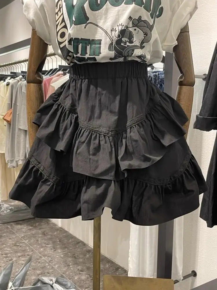 MQTIME - Korean Fashion Summer New Chic Sweet Ruffle Edge Spliced Black Skirt Elastic High Waist Slimming Fluffy Short Skirts for Women