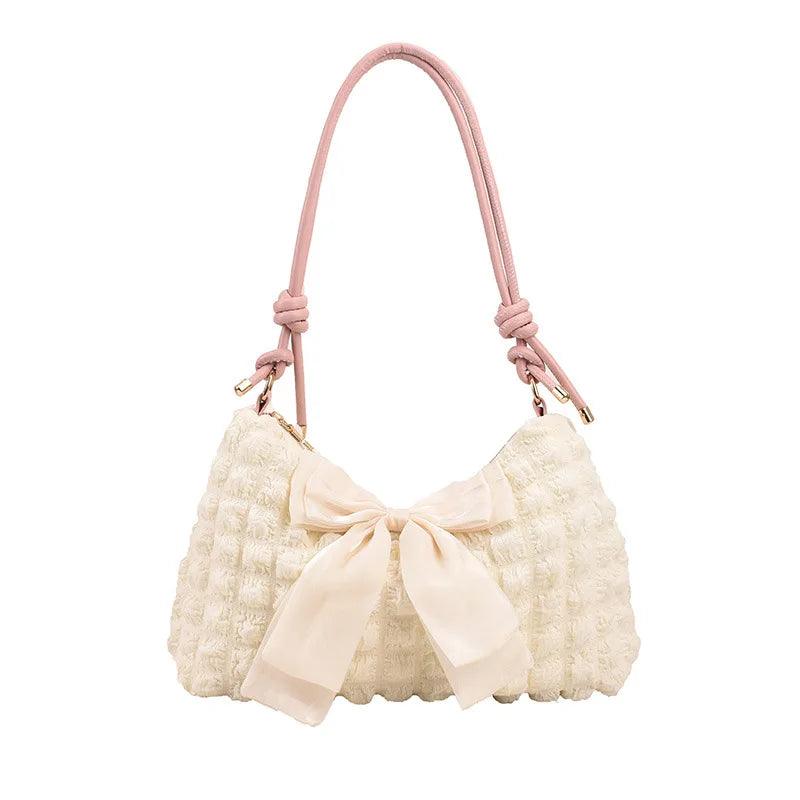nvxiot - Fashion Pink White Handbags For Women Sweet Bow Simple Casual Shoulder Bags Ladies Daily Shopping Bag Underarm Tote Shoulder Bag