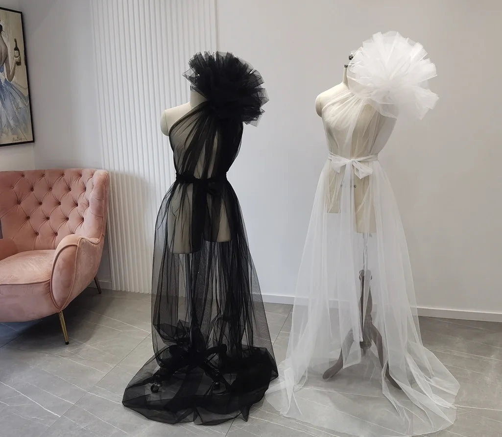 nvxiot - Sexy One Shoulder Maternity Women Photography Props Dress Premama Solid Tulle Mesh Maxi Baby Shower Gowns For Pregnancy Clothing