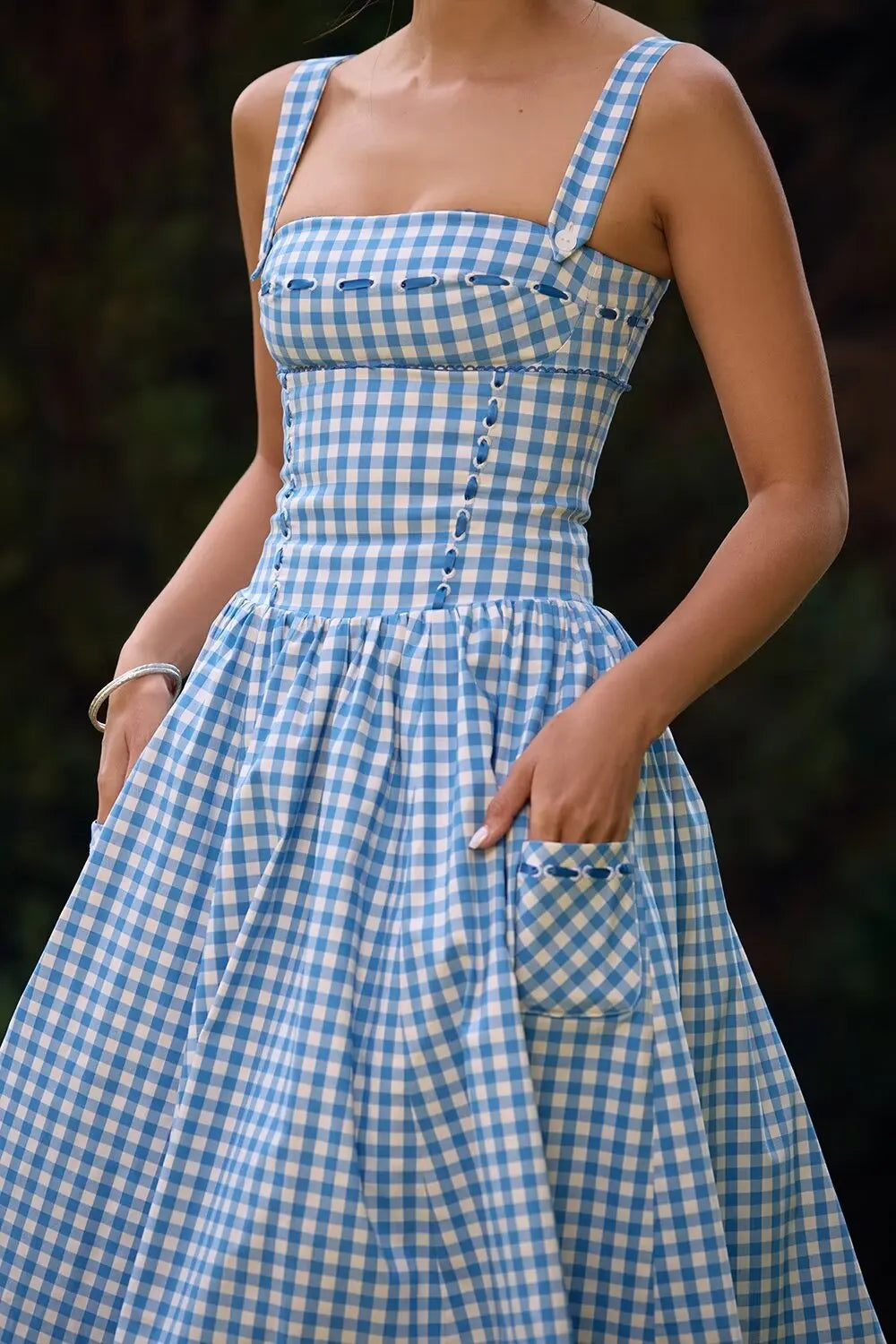 MQTIME - Summer Fashion Atmosphere Retro Blue Plaid Flap Pocket Pants Suspender Long European And American Style Street Design Dress