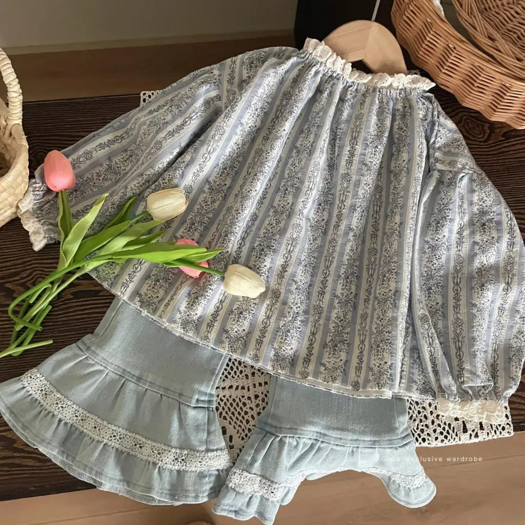 MQTIME - 2024 Spring Children Girl 2PCS Clothes Set Lace Collar Floral Printed Shirt Solid Vintage Hem Denim Flared Pant Baby Girl Outfit