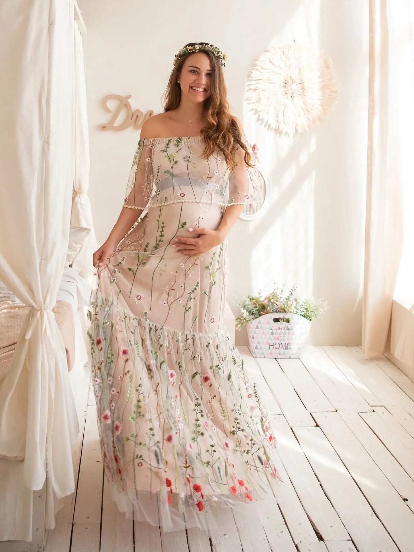 nvxiot - Embroidered Floral Bride Maternity Dress for Photoshoot Wedding Guest Baby Shower Pregnancy Dress Robes for Women