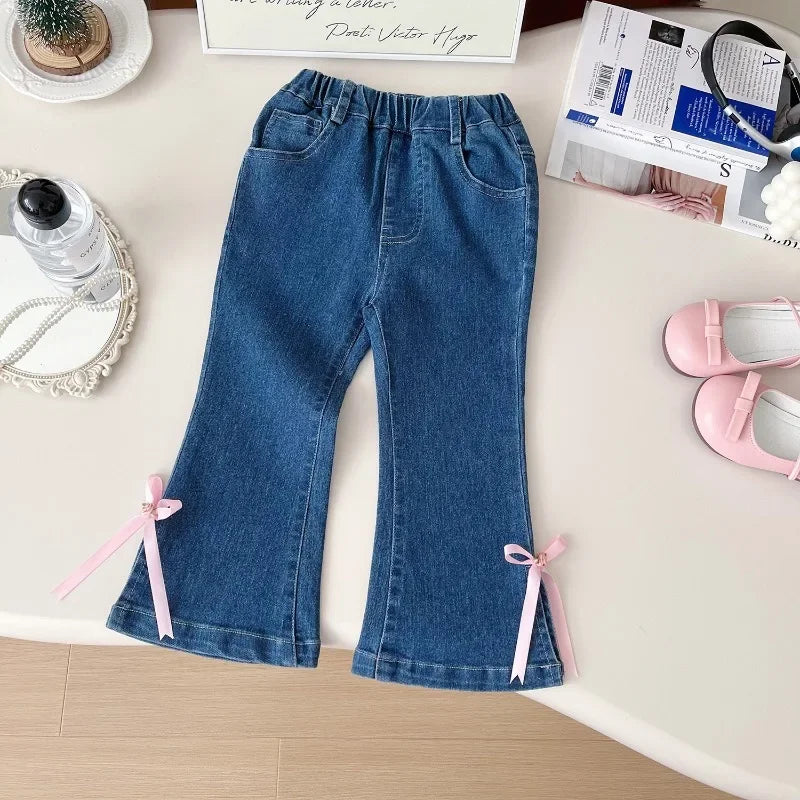 MQTIME - Girls Jeans Autumn Spring Bow Kids Denim Pants Fashion Korean Fall Children Casual Trousers Baby Girl Flared Trousers 2-7Yrs