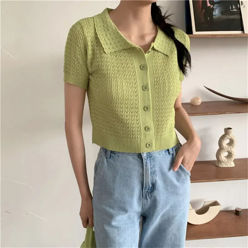 MQTIME - Women 2024 Lapel Hollow Out Short Sleeves Knitted All-Match Solid Fashion Casual Elastic Chic Basic Short Sweaters Streetwear