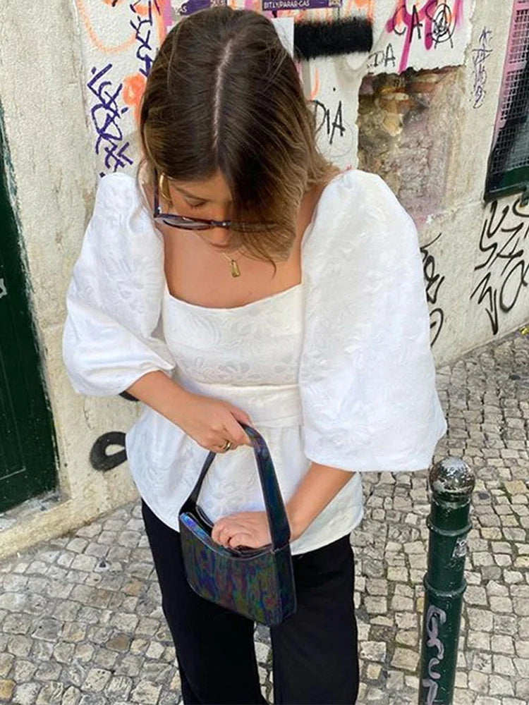 nvxiot - Embroidery Lace Up Puff Sleeve Shirts Women Loose Solid Female Blouses 2024 Summer Fashion Elegant Square Collar Lady Slim Tops