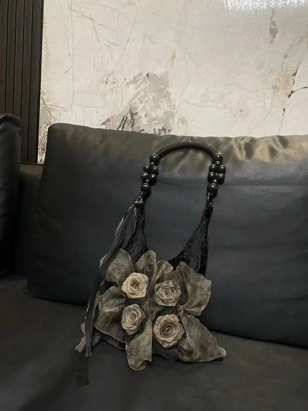 nvxiot - Fairy Core Rose Handbag Women Vintage Chinese Style Folds Chic Black Shoulder Bags Ladies Retro Sweet Cool Y2k Purses
