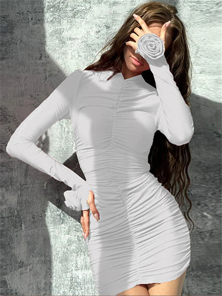 nvxiot - Floral Slim Pleated Mini Dress Women's Long Sleeve High Waist Solid Casual Sexy Y2k Dress Female Autumn Clothes Mini Dress