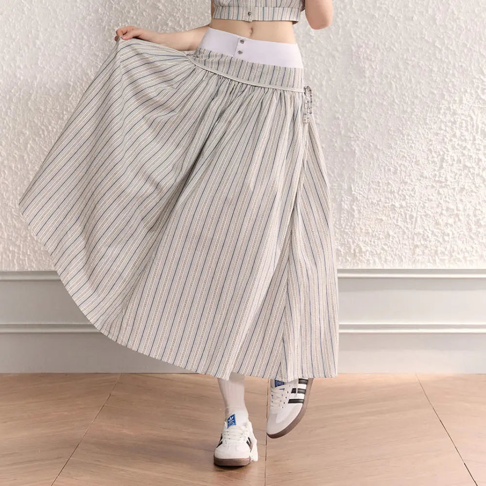 MQTIME - Stripe Turn-down Collar Blouse Preppy Style High Waisted Lace Up Long Skirts Korean Fashion 2 Piece Sets Womens Outfits