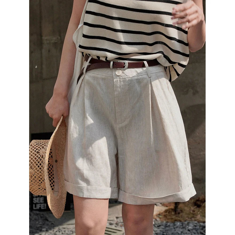 nvxiot - Summer Korea Style Lazy Linen Curled Shorts Wide Leg Loose Slim Casual Hot Pants For Women