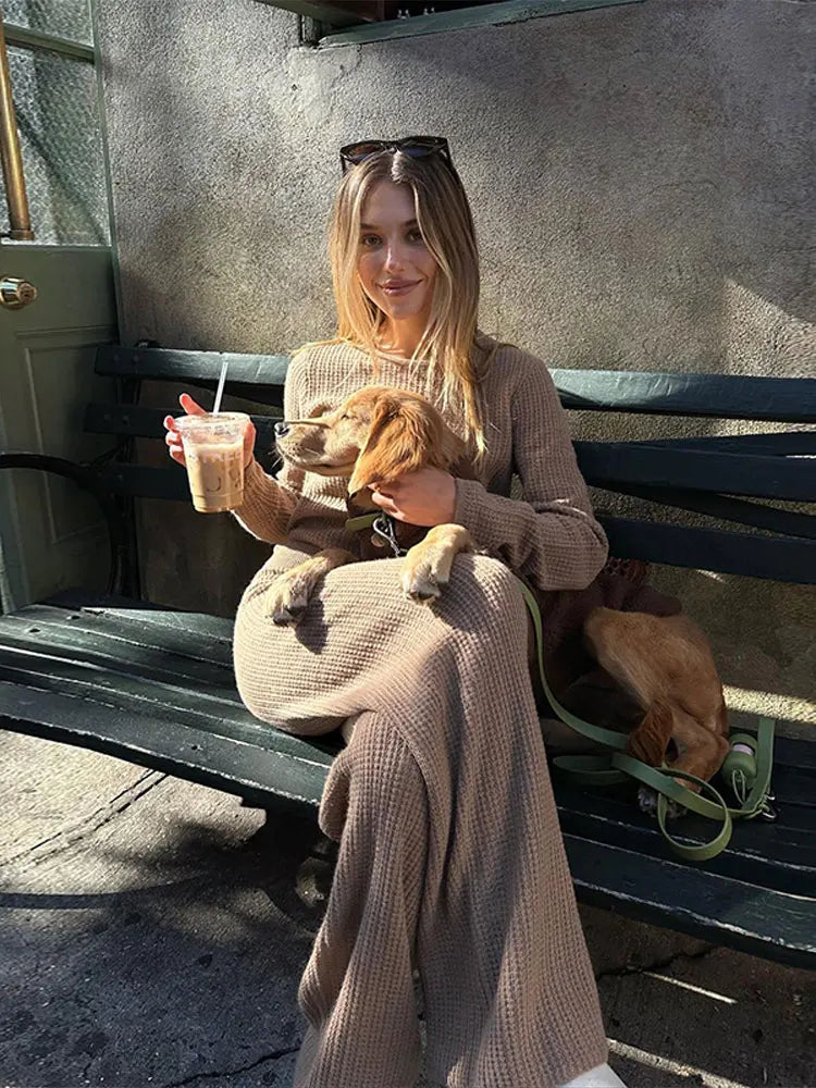 nvxiot Fashion Knitted 2 Piece Suits for Women Long Sleeve O Neck Top And High Waist Pencil Pants Set Autumn Winter Female Outfit