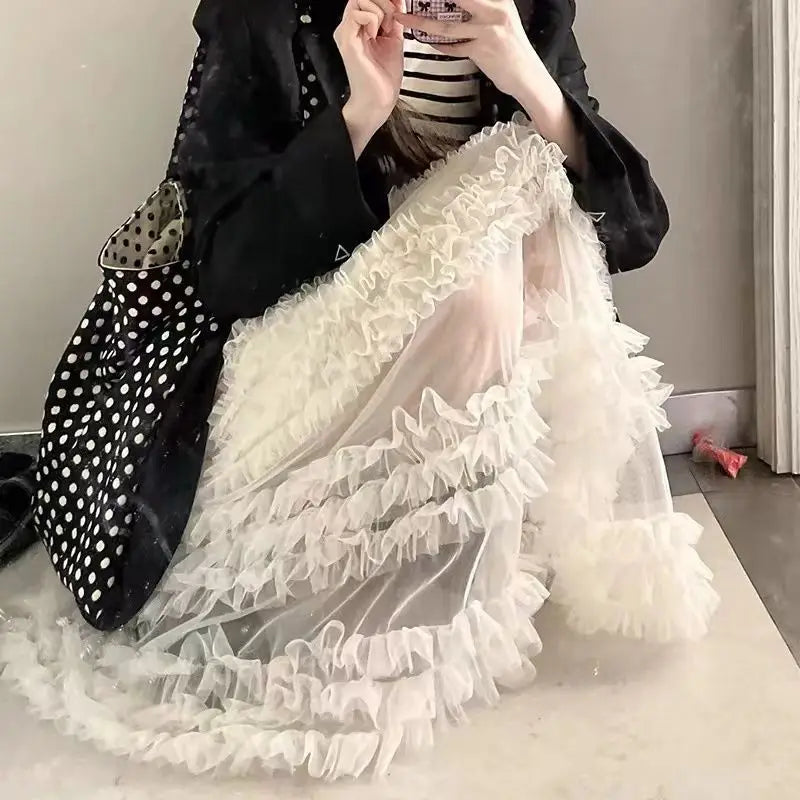 MQTIME - Japanese Sweet Fluffy Cake Gauze White Skirt Summer Versatile Fairy Loose Meat Covering High Waist Slim Long Skirts for Women