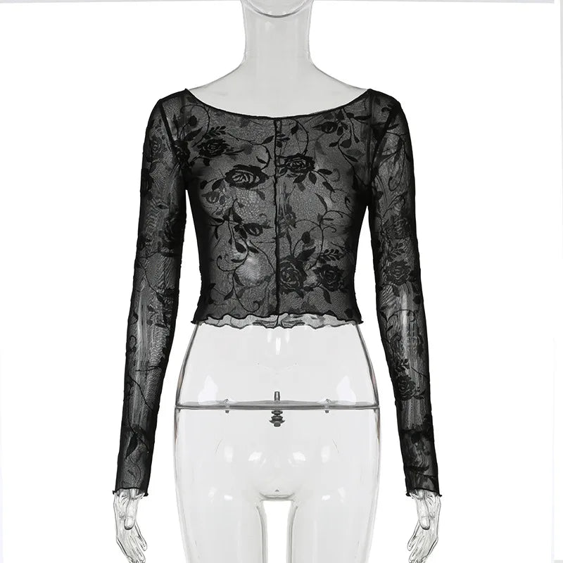 MQTIME - Sheer Mesh Patchwork Velvet Florals Crop Top Women Crew Neck Long Sleeved Slim T-shirt Hottie Autumn 2024 Streetwear