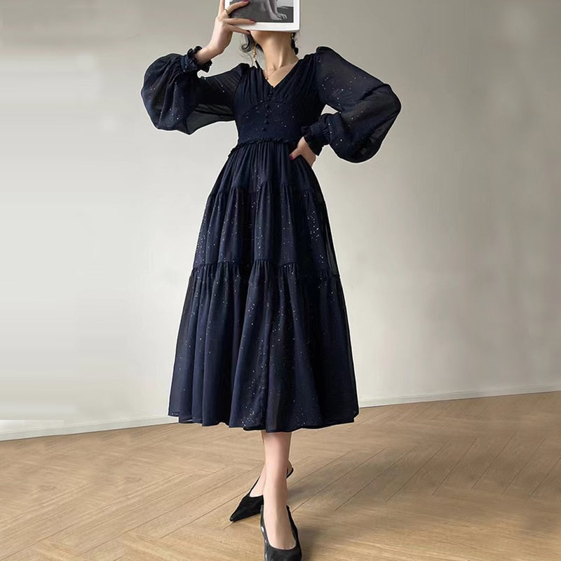 nvxiot New Spring Summer Clothing Elegant Designer Dresses For Women V Neck Long Sleeved High Waist Big Swing Dress