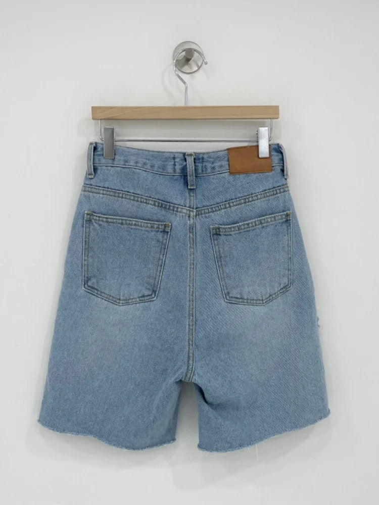 nvxiot - Women Baggy Denim Pants Summer High Waist Korean Streetwear Ripped Jeans Woman Vintage Blue Button Jeans Shorts