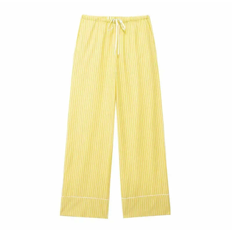 MQTIME - Casual Striped Shirt Pants Sets For Women 2 Pieces Loose Lapel Long Sleeve Single Breasted Top Drawstring Wide Leg Trousers Suit
