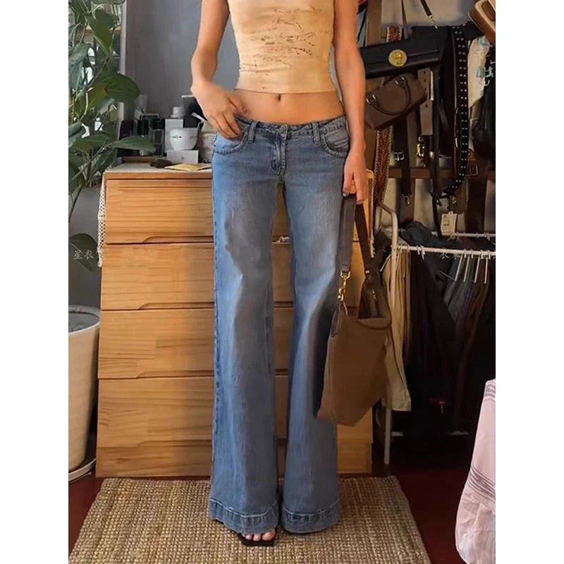 nvxiot - Women's Retro Washed Low Waisted Flared Jeans Summer New Chic Casual Wide-leg Pants Female Sexy Denim Bell-bottoms Trousers