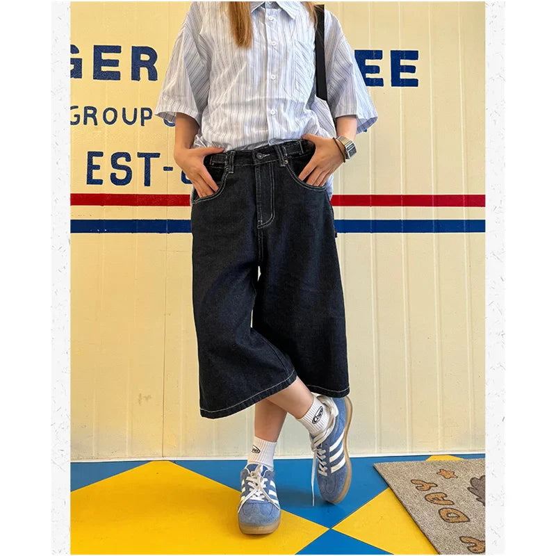 nvxiot - Women's Shorts Summer Dark Blue High Waist Jeans Y2K Straight Knee Length Pants Classic Streetwear Vintage Wide Leg Denim Shorts