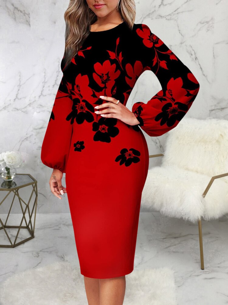 nvxiot Fashion Floral Print Dress Women Elegant O Neck Long Sleeve Party Robes Bodycon Lantern Sleeves African Printed Vestidos Autumn