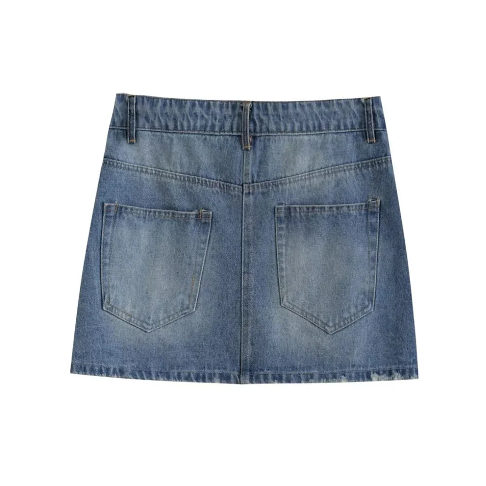 MQTIME - 2024 Summer New Product Women's Mid Waist Oblique Waist Decorated with Strap Short Skirt Denim Mini Skirt