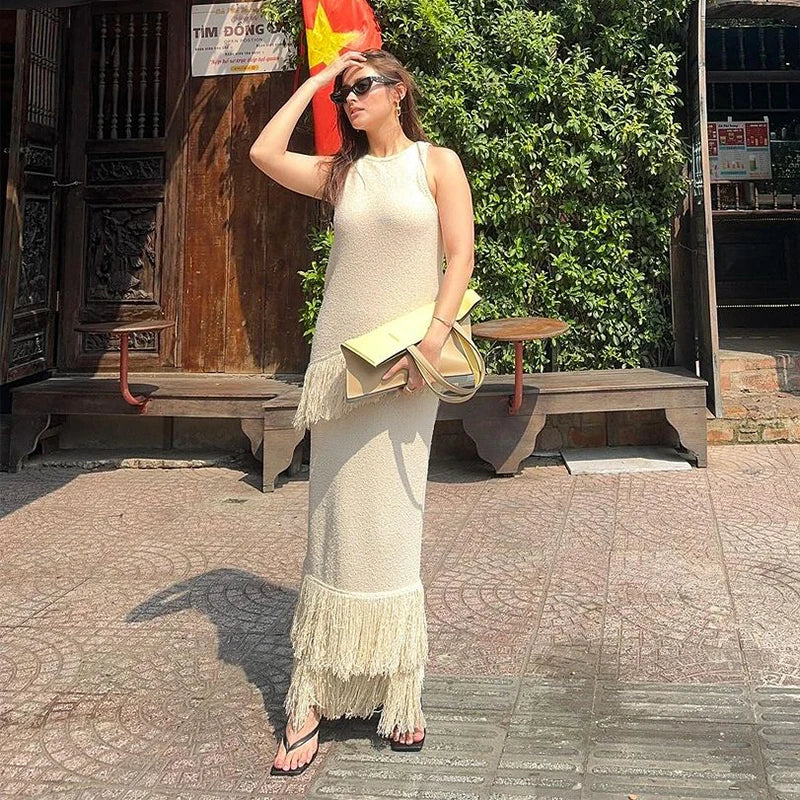 MQTIME - Elegant Solid Fringe Women Skirt Suits O-neck Sleeveless Vest High Waist Wrap Hip Skirts 2024 Summer New Fashion Female Sets