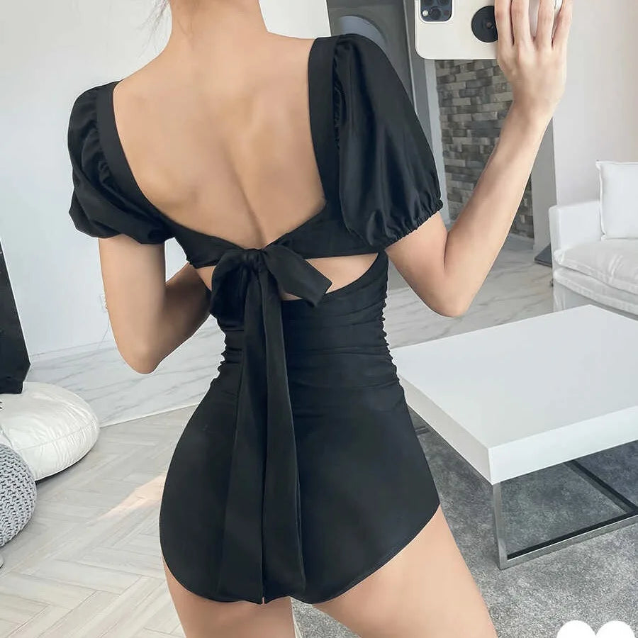 MQTIME - Stylish Off Shoulder Puff Sleeve Backless Swimsuit with Tied Waist