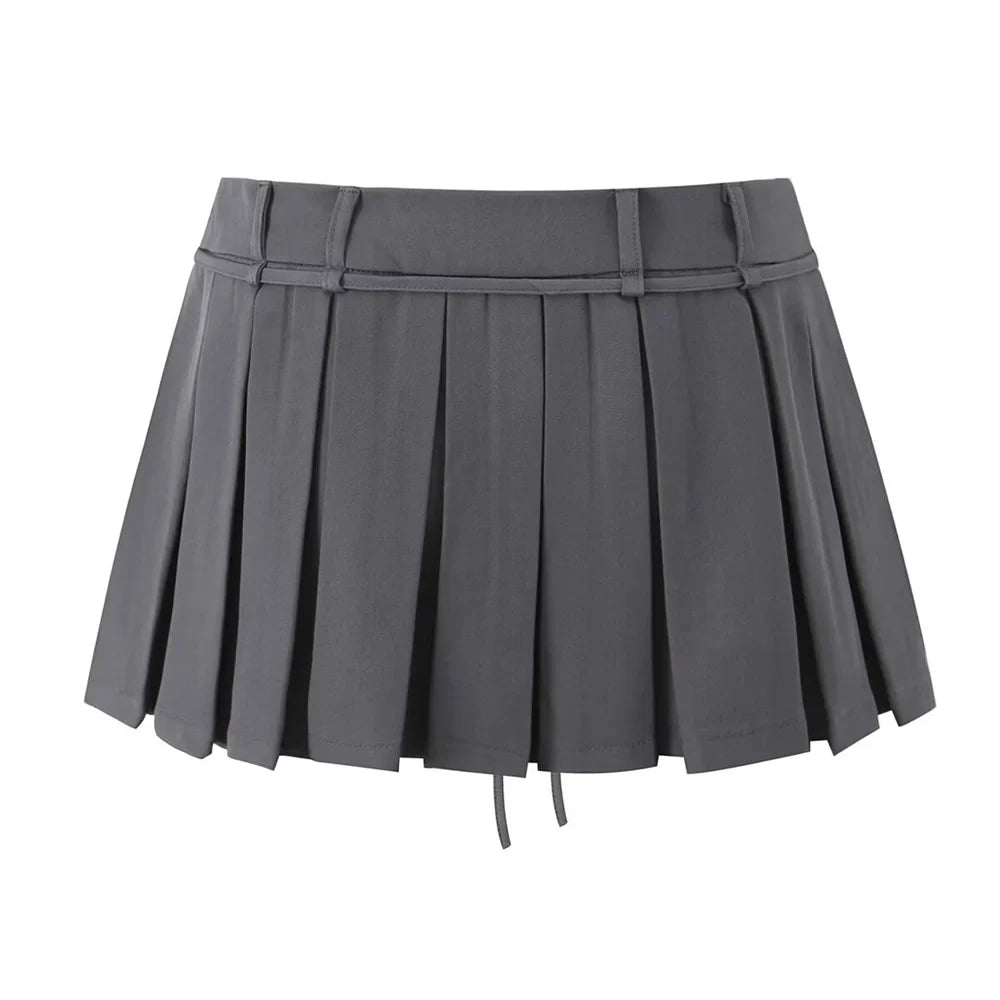 MQTIME - 2024 Summer New Product Women's Retro Strap Design Solid A-line Mid Waist Pleated Half skirt